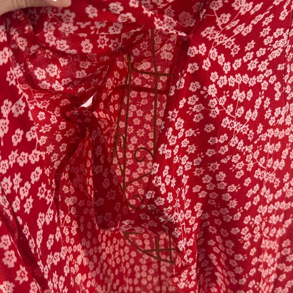Red Floral Crepe Wrap Dress with Ruffle Sleeves - Small - Picture 11 of 15